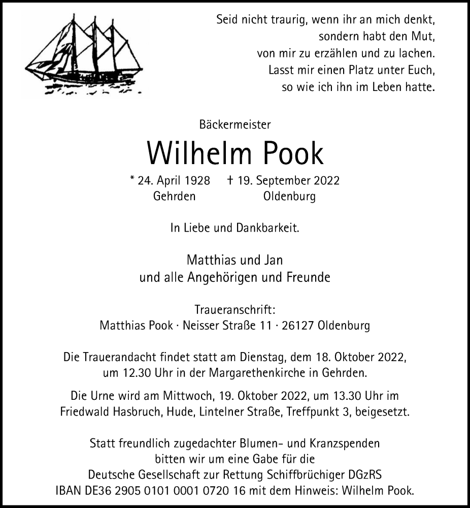  Traueranzeige für Wilhelm Pook vom 01.10.2022 aus Hannoversche Allgemeine Zeitung/Neue Presse