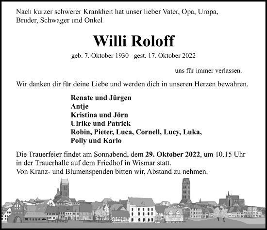 Traueranzeige von Willi Roloff von Ostsee-Zeitung GmbH