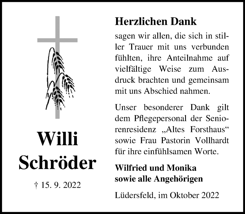 Traueranzeige für Willi Schröder vom 08.10.2022 aus Schaumburger Nachrichten