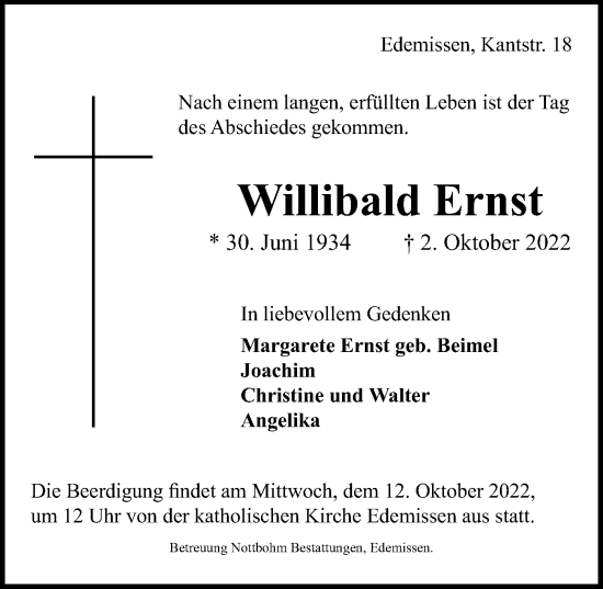 Traueranzeige von Willibald Ernst von Peiner Allgemeine Zeitung