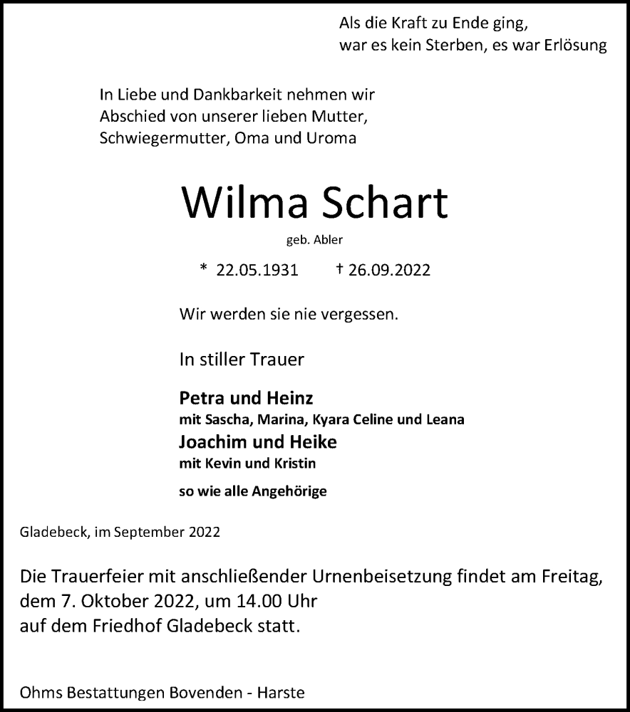  Traueranzeige für Wilma Schart vom 01.10.2022 aus Göttinger Tageblatt