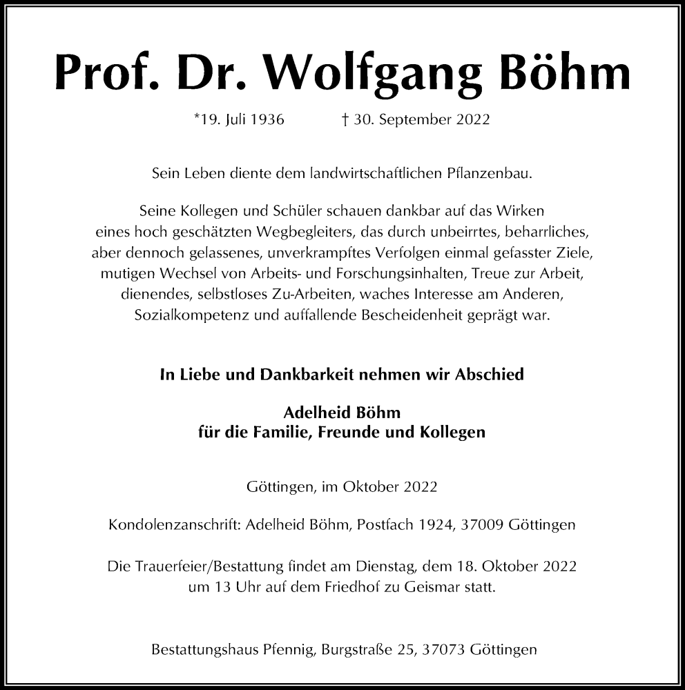  Traueranzeige für Wolfgang Böhm vom 15.10.2022 aus Göttinger Tageblatt