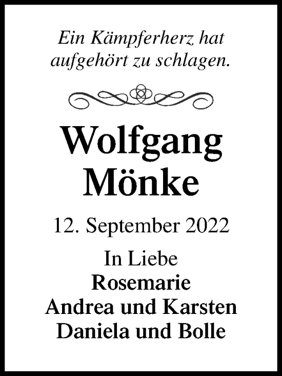 Traueranzeige von Wolfgang Mönke von Lübecker Nachrichten