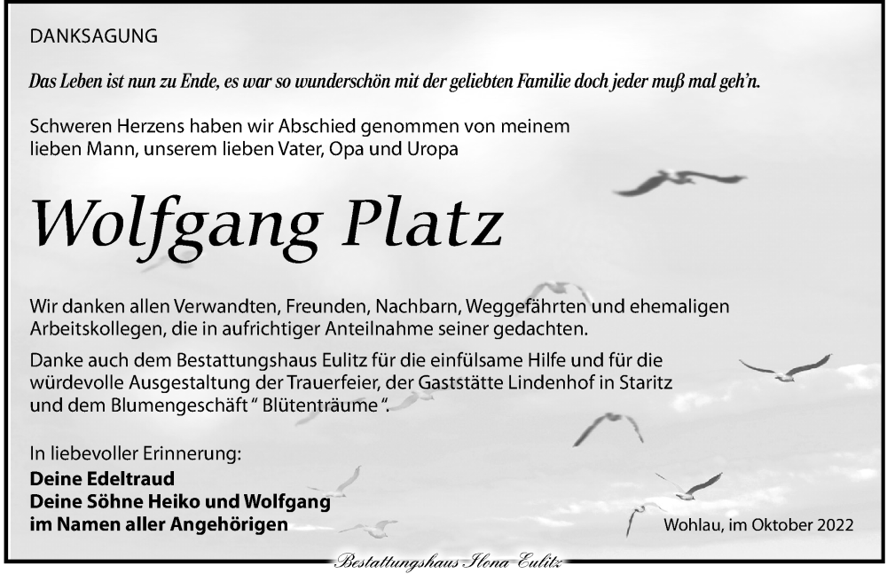  Traueranzeige für Wolfgang Platz vom 15.10.2022 aus Torgauer Zeitung