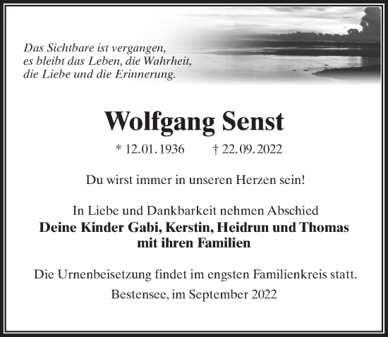 Traueranzeige von Wolfgang Senst von Märkischen Allgemeine Zeitung