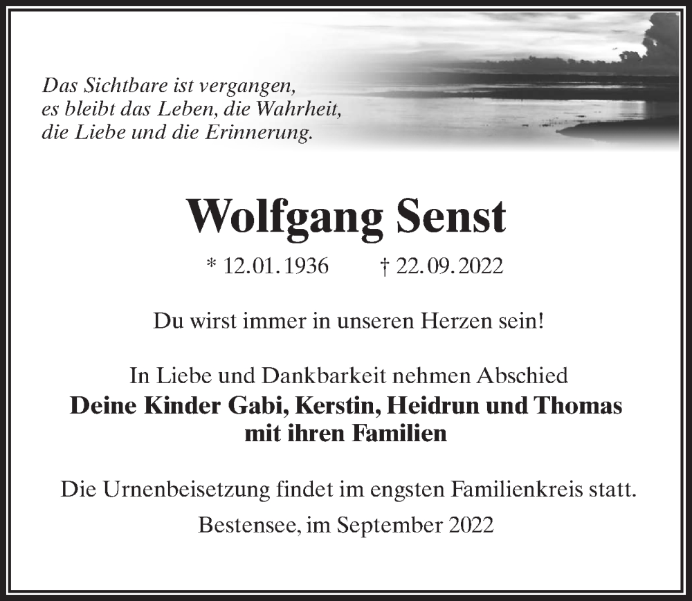  Traueranzeige für Wolfgang Senst vom 01.10.2022 aus Märkischen Allgemeine Zeitung