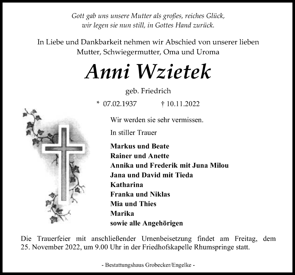  Traueranzeige für Anna Wzietek vom 19.11.2022 aus Göttinger Tageblatt