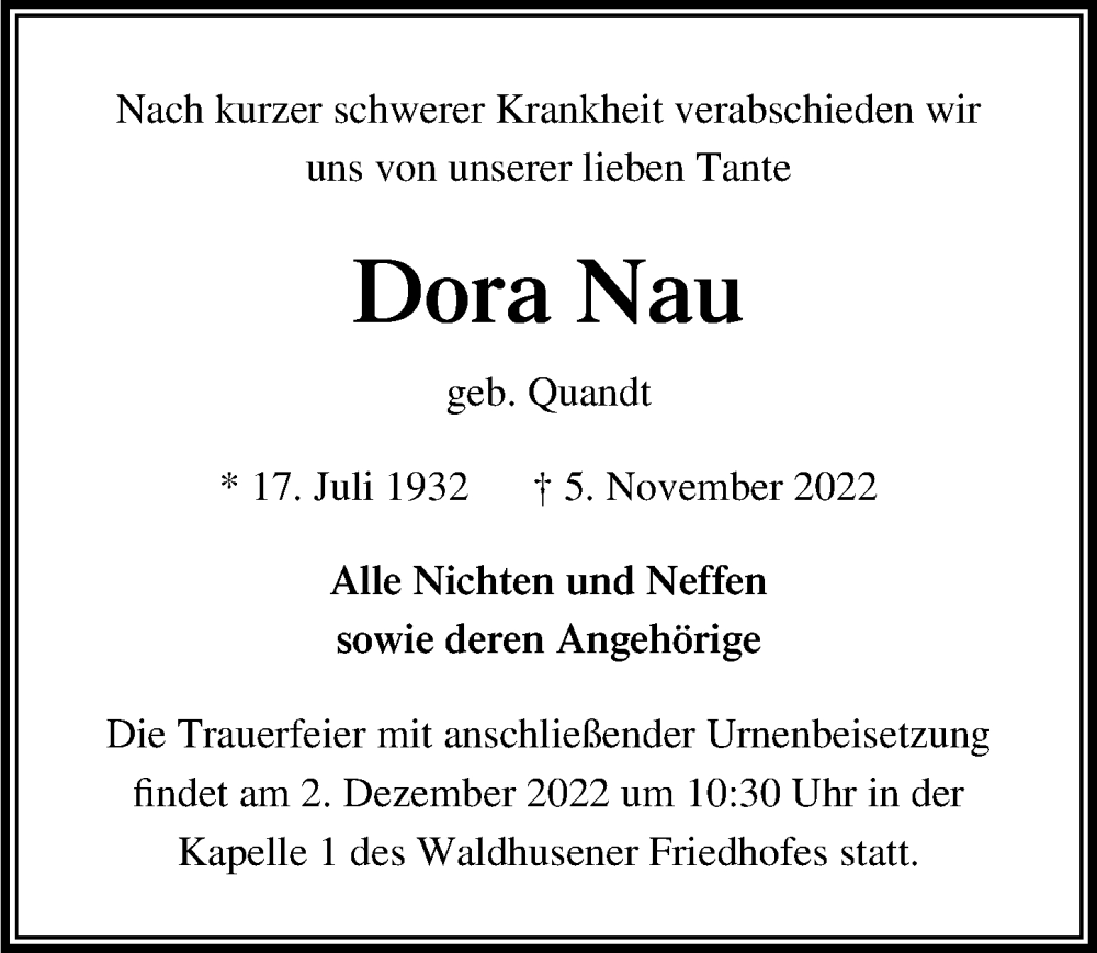  Traueranzeige für Dora Nau vom 27.11.2022 aus 