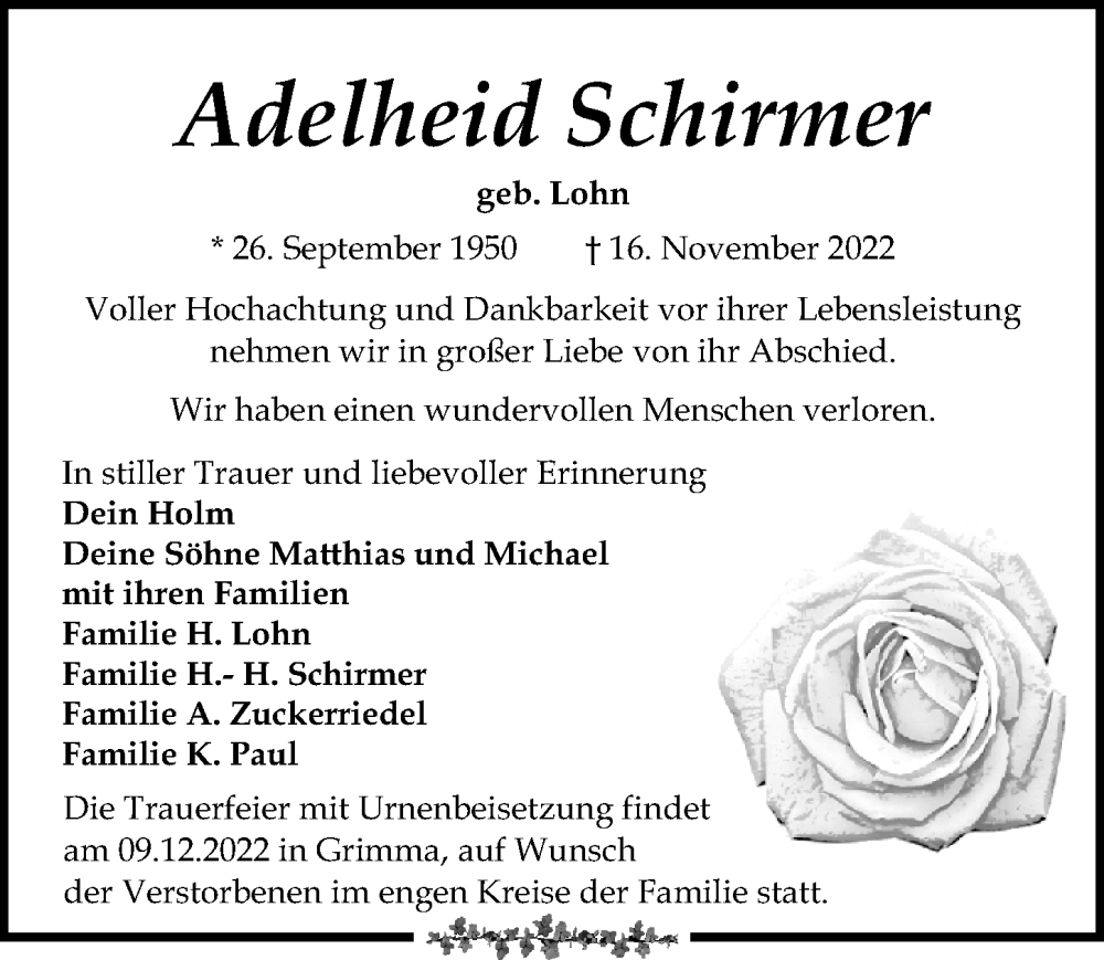  Traueranzeige für Adelheid Schirmer vom 26.11.2022 aus Leipziger Volkszeitung