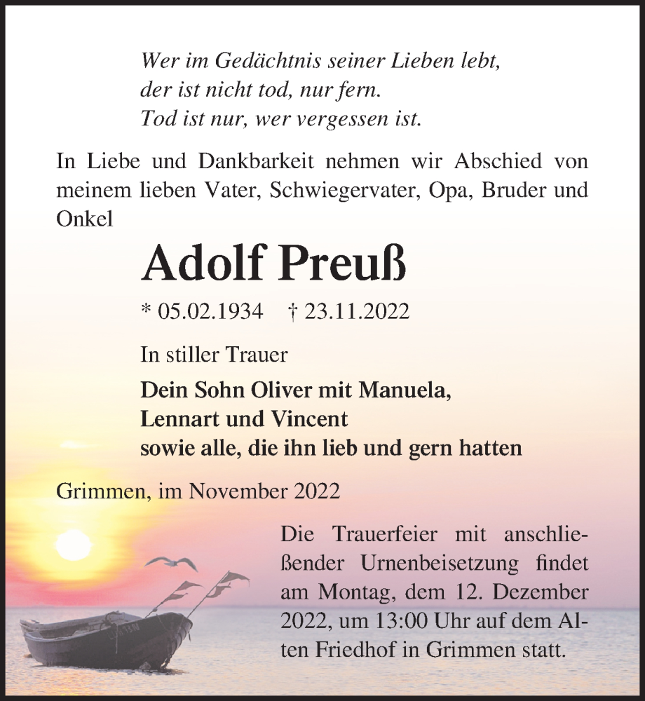  Traueranzeige für Adolf Preuß vom 26.11.2022 aus Ostsee-Zeitung GmbH
