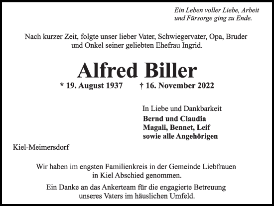 Traueranzeige von Alfred Biller von Kieler Nachrichten