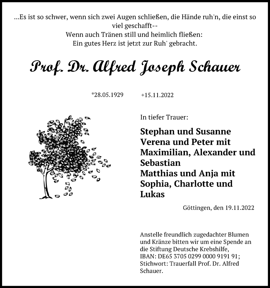  Traueranzeige für Alfred Joseph Schauer vom 19.11.2022 aus Göttinger Tageblatt