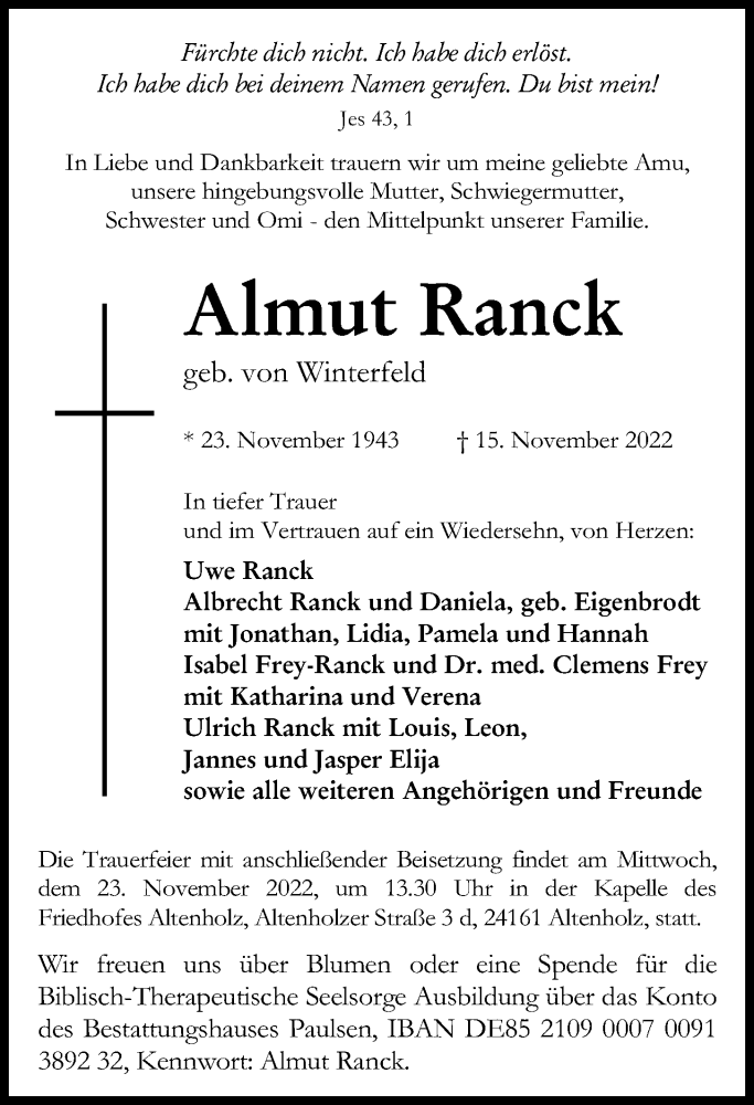  Traueranzeige für Almut Ranck vom 19.11.2022 aus Kieler Nachrichten