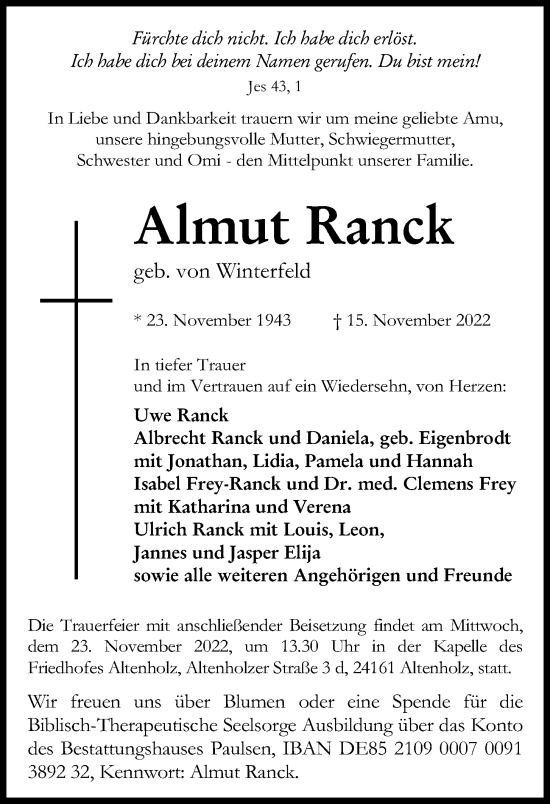Traueranzeige von Almut Ranck von Kieler Nachrichten