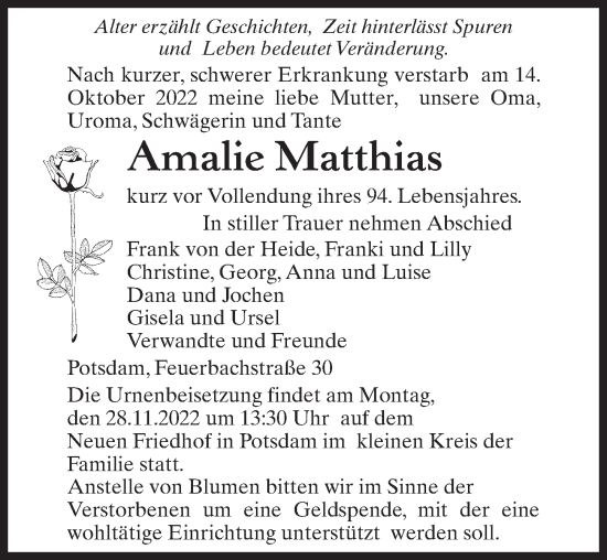 Traueranzeige von Amalie Matthias von Märkischen Allgemeine Zeitung