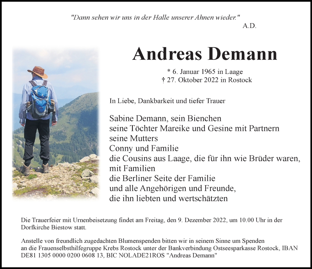  Traueranzeige für Andreas Demann vom 12.11.2022 aus Ostsee-Zeitung GmbH
