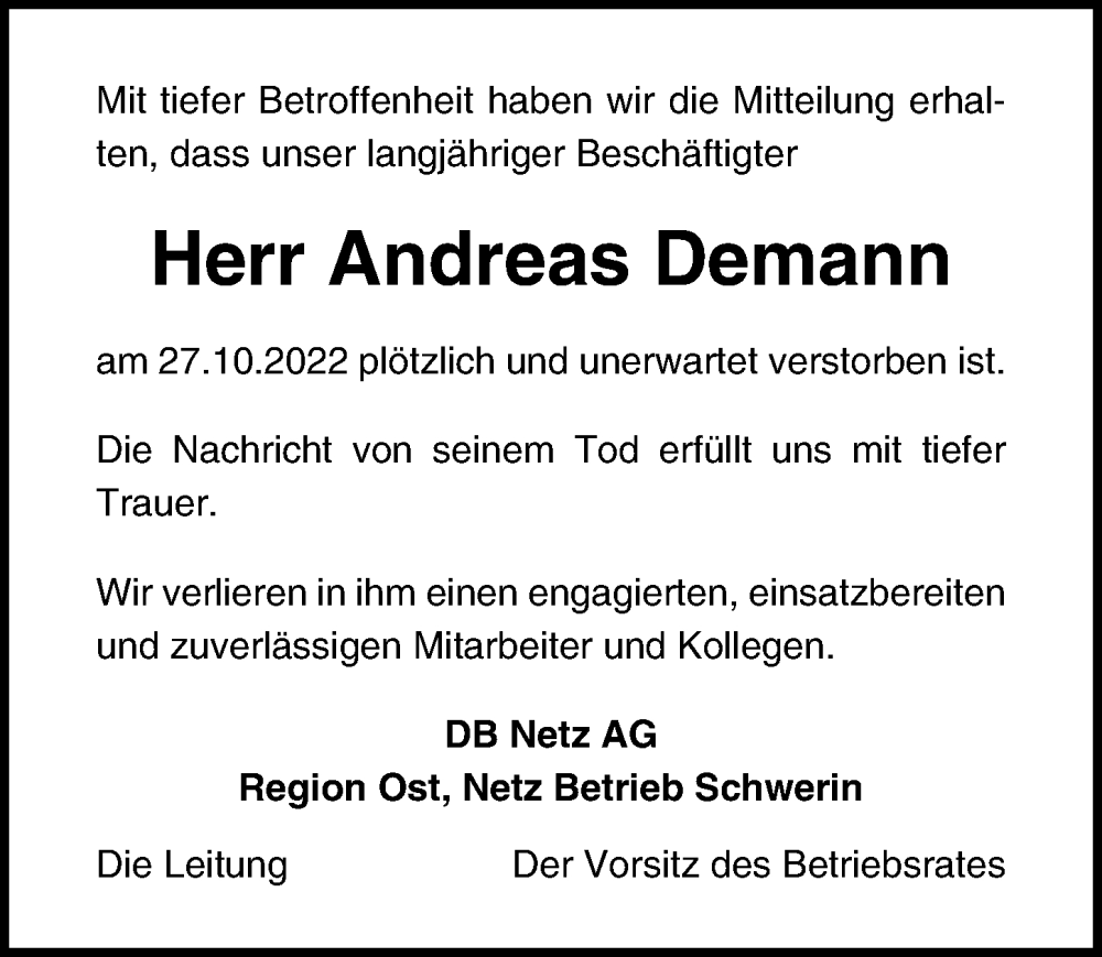  Traueranzeige für Andreas Demann vom 16.11.2022 aus Hannoversche Allgemeine Zeitung/Neue Presse
