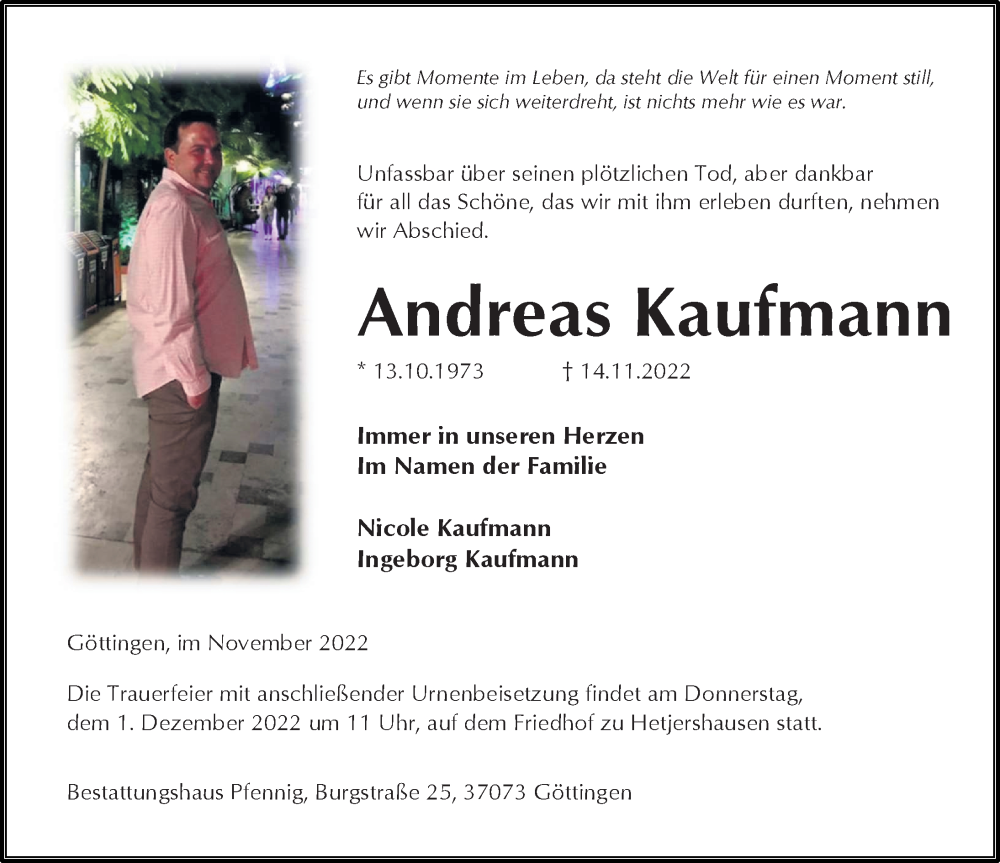  Traueranzeige für Andreas Kaufmann vom 26.11.2022 aus Göttinger Tageblatt