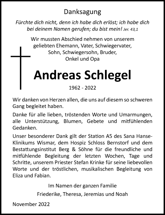 Traueranzeige von Andreas Schlegel von Ostsee-Zeitung GmbH