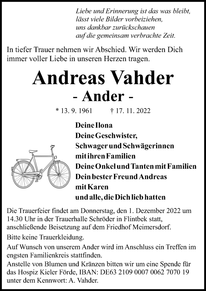  Traueranzeige für Andreas Vahder vom 26.11.2022 aus Kieler Nachrichten
