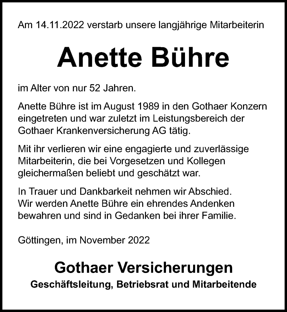  Traueranzeige für Anette Bühre vom 19.11.2022 aus Göttinger Tageblatt