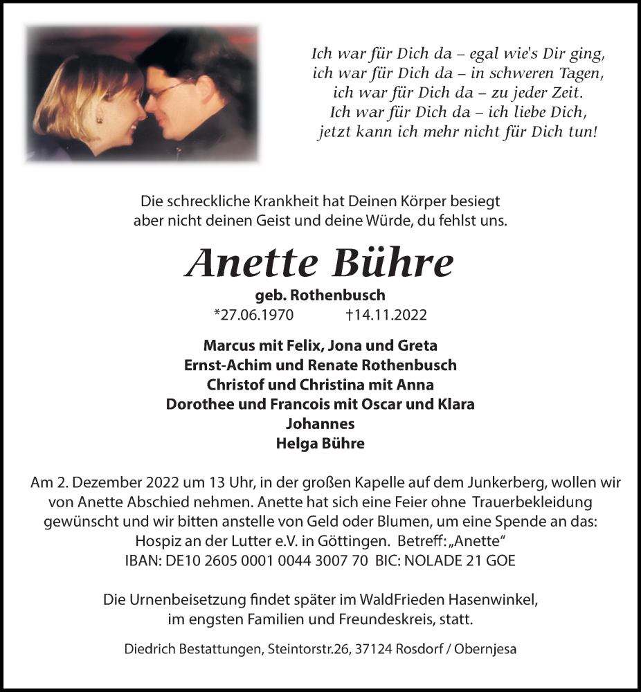  Traueranzeige für Anette Bühre vom 19.11.2022 aus Göttinger Tageblatt
