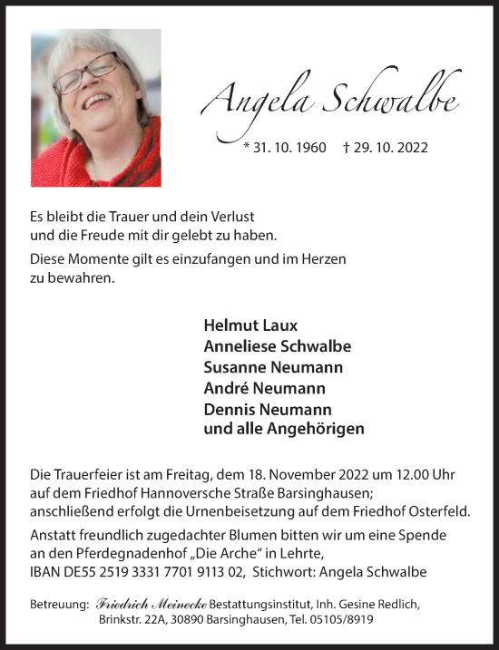 Traueranzeige von Angela Schwalbe von Hannoversche Allgemeine Zeitung/Neue Presse