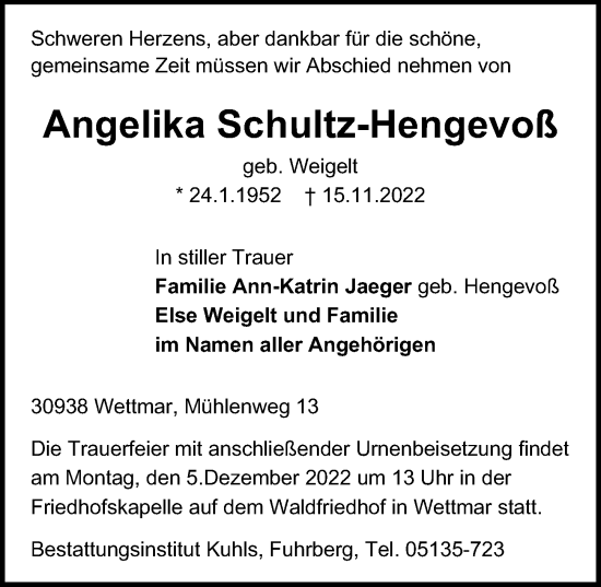 Traueranzeige von Angelika Schultz-Hengevoß von Peiner Allgemeine Zeitung