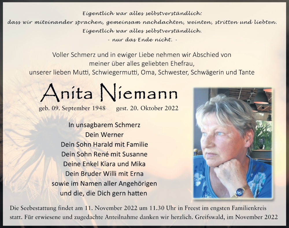  Traueranzeige für Anita Niemann vom 05.11.2022 aus Ostsee-Zeitung GmbH