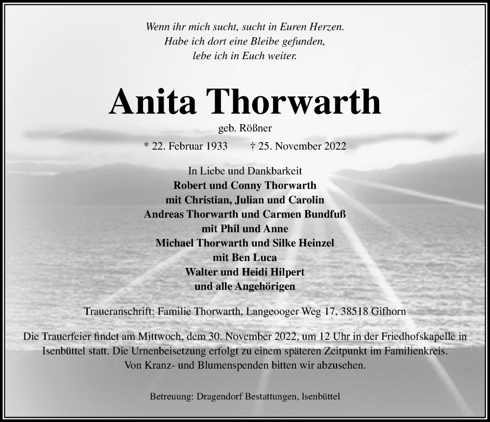  Traueranzeige für Anita Thorwarth vom 29.11.2022 aus Aller Zeitung