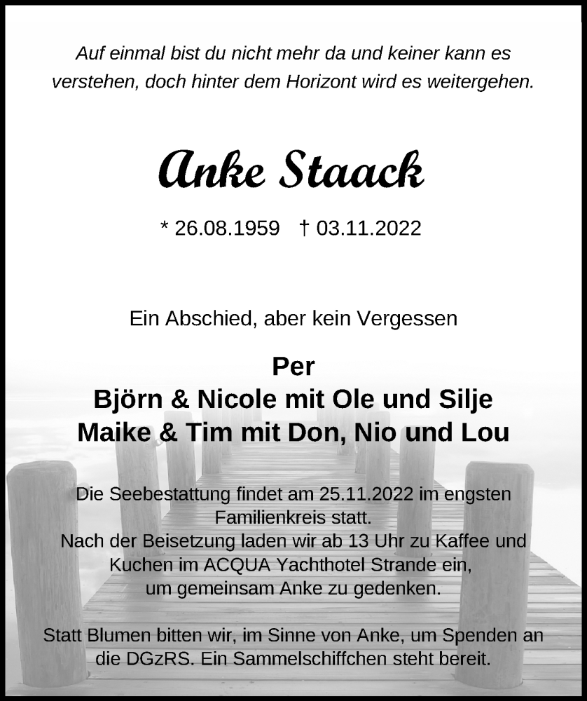  Traueranzeige für Anke Staack vom 12.11.2022 aus Kieler Nachrichten