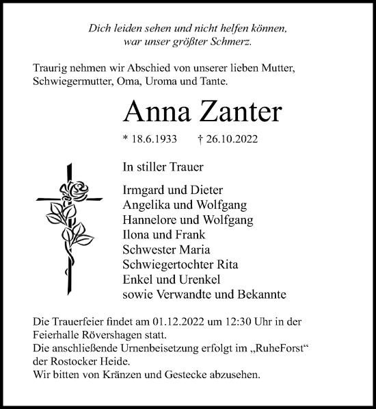Traueranzeige von Anna Zanter von Ostsee-Zeitung GmbH