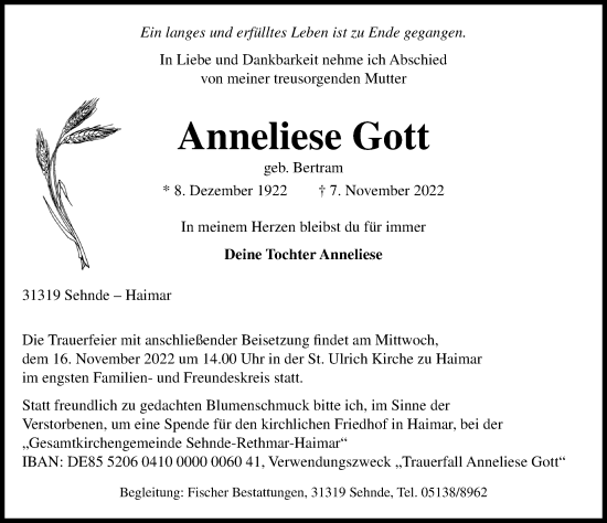 Traueranzeige von Anneliese Gott von Hannoversche Allgemeine Zeitung/Neue Presse