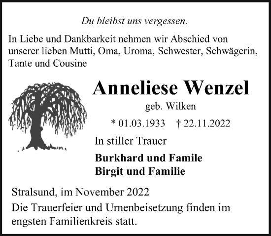 Traueranzeige von Anneliese Wenzel von Ostsee-Zeitung GmbH