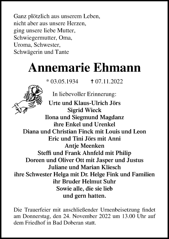 Traueranzeige von Annemarie Ehmann von Ostsee-Zeitung GmbH