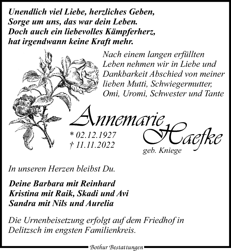  Traueranzeige für Annemarie Haefke vom 19.11.2022 aus Leipziger Volkszeitung