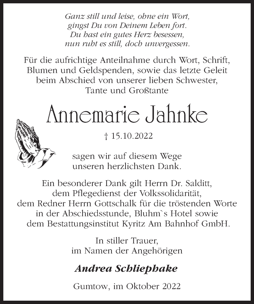  Traueranzeige für Annemarie Jahnke vom 19.11.2022 aus Märkischen Allgemeine Zeitung