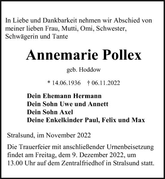 Traueranzeige von Annemarie Pollex von Ostsee-Zeitung GmbH