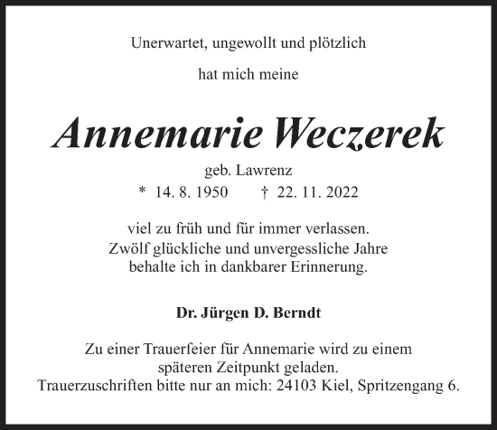 Traueranzeige von Annemarie Weczerek von Kieler Nachrichten