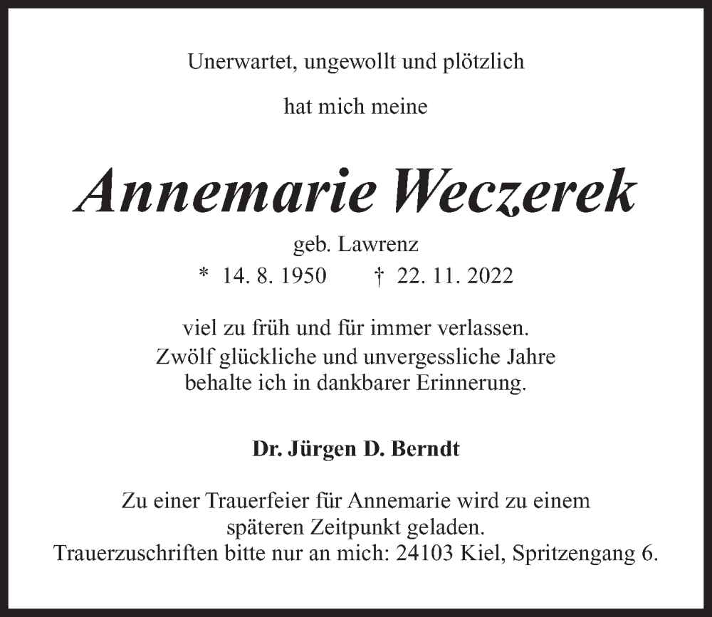  Traueranzeige für Annemarie Weczerek vom 26.11.2022 aus Kieler Nachrichten