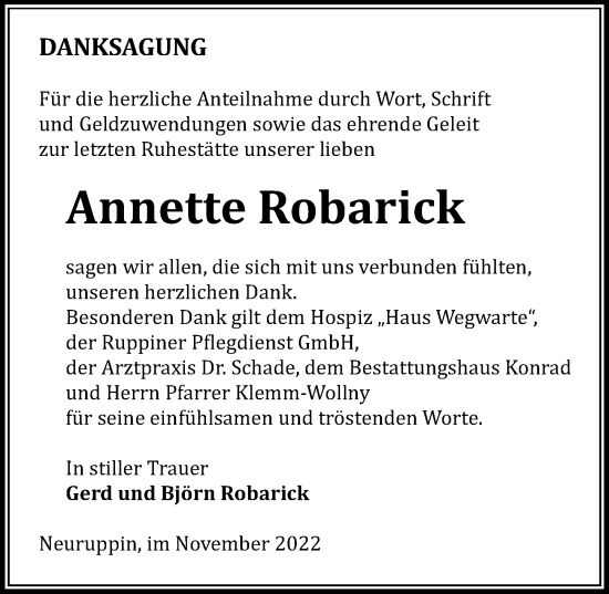 Traueranzeige von Annette Robarick von Märkischen Allgemeine Zeitung