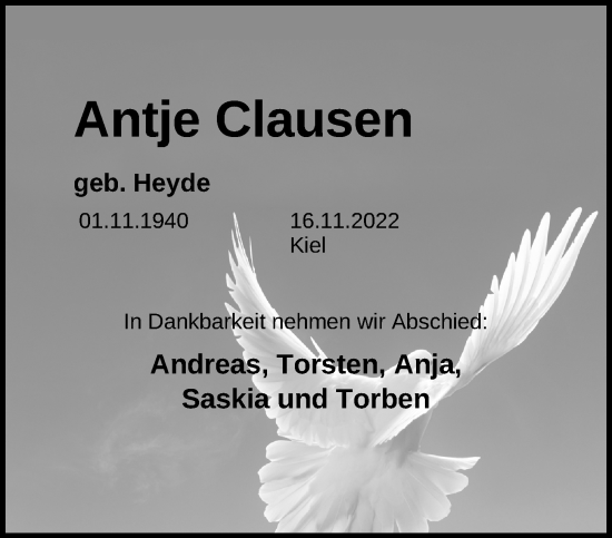 Traueranzeige von Antje Clausen von Kieler Nachrichten