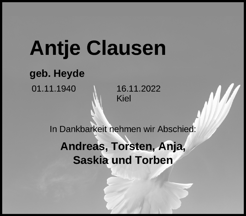  Traueranzeige für Antje Clausen vom 26.11.2022 aus Kieler Nachrichten