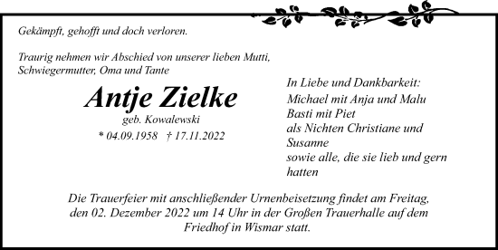 Traueranzeige von Antje Zielke von Ostsee-Zeitung GmbH