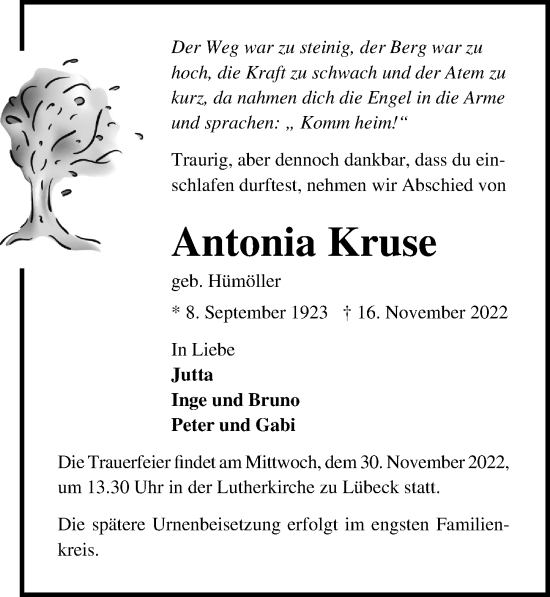 Traueranzeige von Antonia Kruse von Lübecker Nachrichten