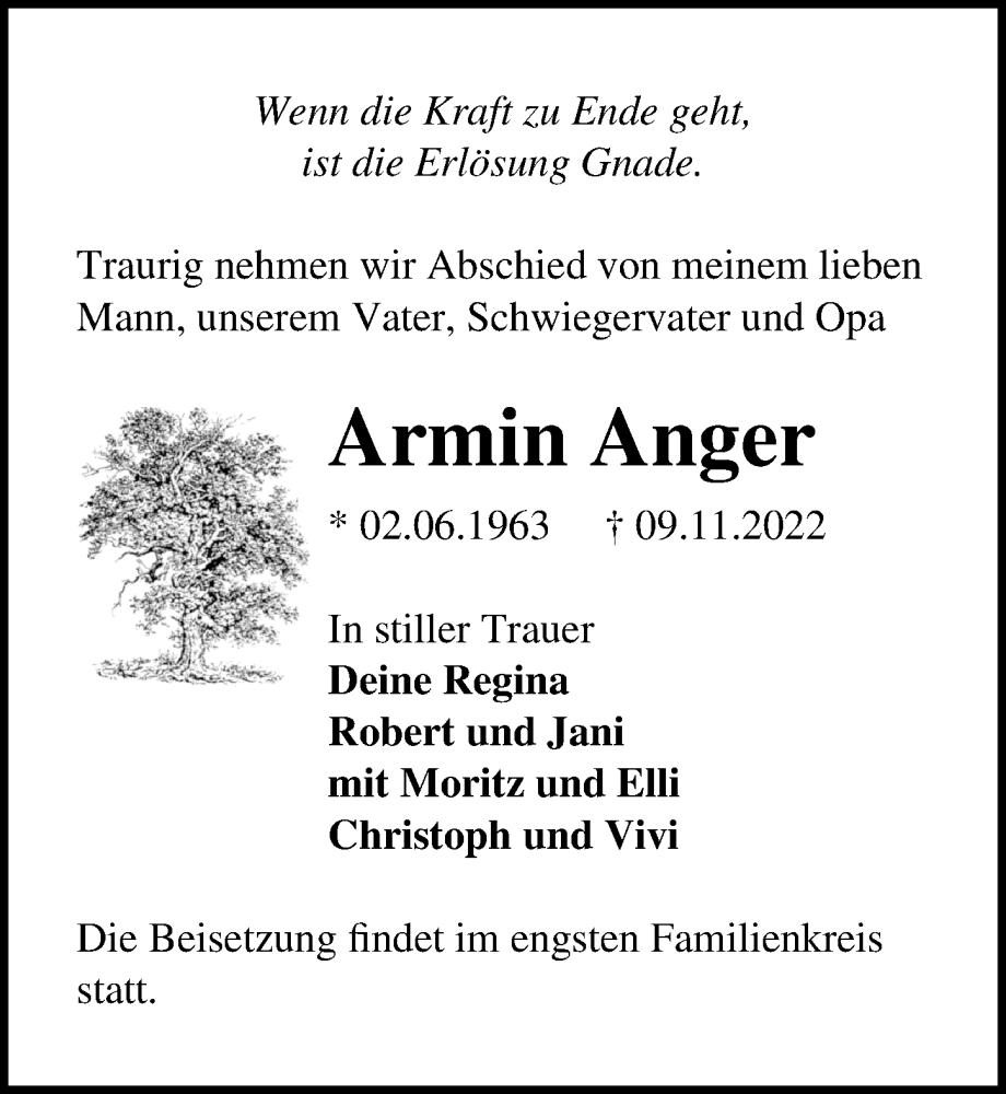  Traueranzeige für Armin Anger vom 12.11.2022 aus Märkischen Allgemeine Zeitung