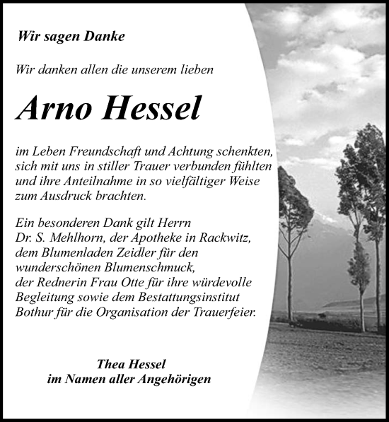 Traueranzeige von Arno Hessel von Leipziger Volkszeitung