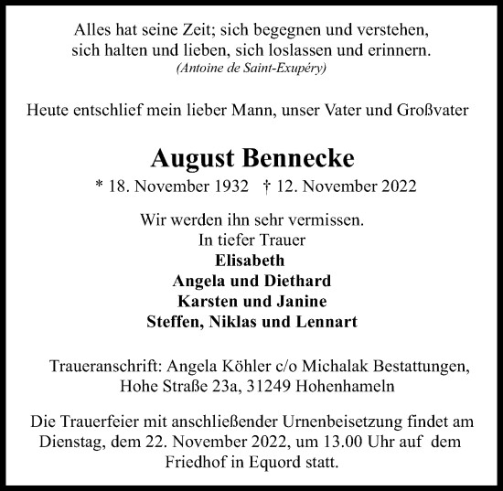 Traueranzeige von August Bennecke von Peiner Allgemeine Zeitung