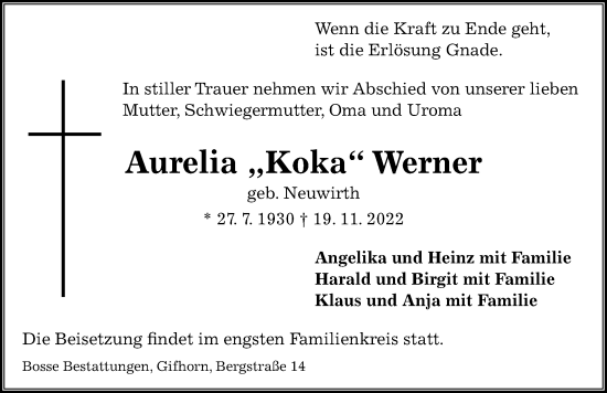 Traueranzeige von Aurelia  Werner von Aller Zeitung