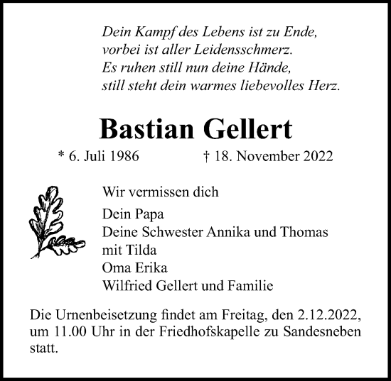 Traueranzeige von Bastian Gellert von Lübecker Nachrichten